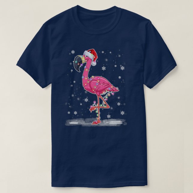 Cute Pink Flamingo with Snow, Lights and Santa Hat T-Shirt (Design Front)