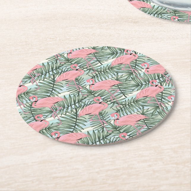 Cute Pink Flamingoes Palm Leafs Art Pattern Round Paper Coaster (Angled)