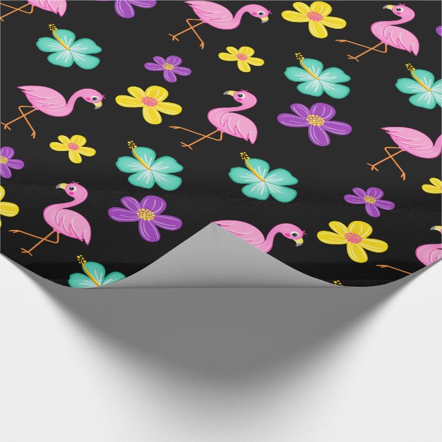 Cute Pink Flamingos and Flowers Black Wrapping Paper (Corner)