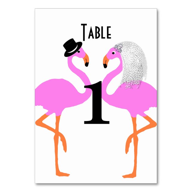 Cute Pink Flamingos Bride & Groom Wedding Table Number (Front)