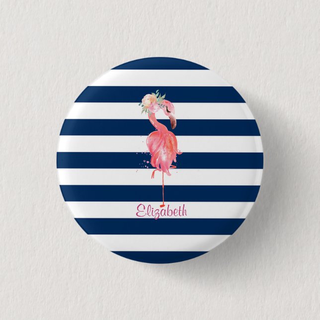 Cute Pink Flamingos Flower,Striped   1 Inch Round Button (Front)