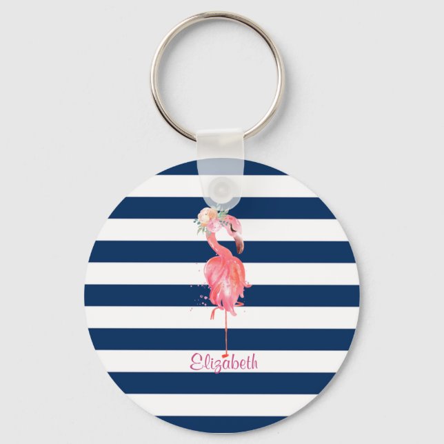 Cute Pink Flamingos Flower,Striped Keychain (Front)