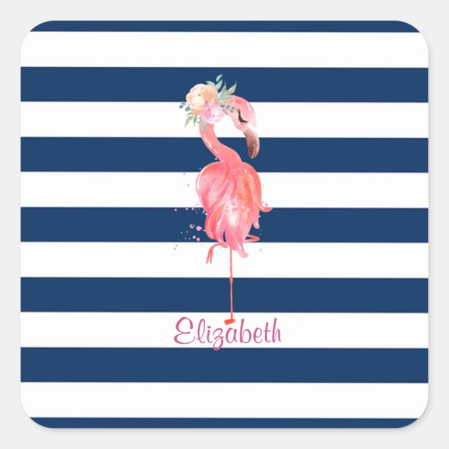 Cute Pink Flamingos Flower,Striped Square Sticker (Front)