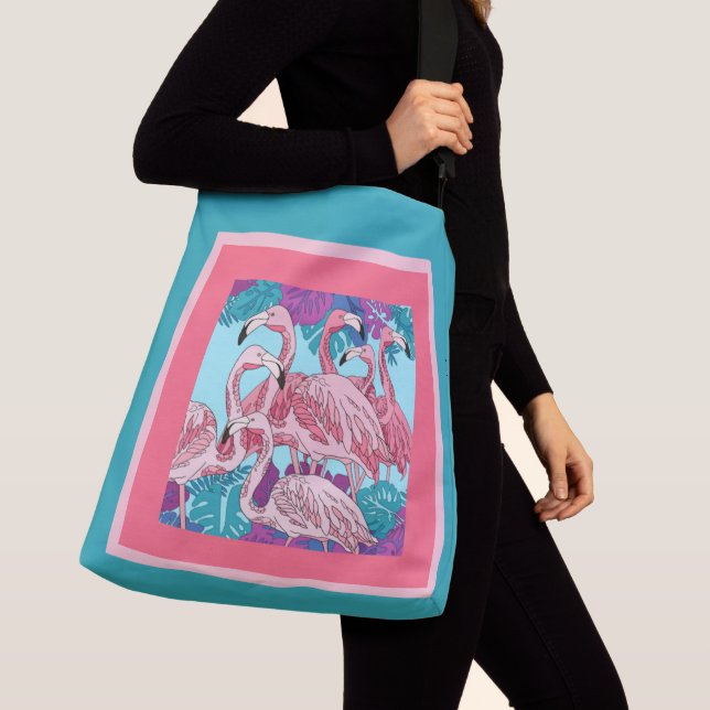 Cute pink flamingos on pink & mint crossbody bag (Close Up)