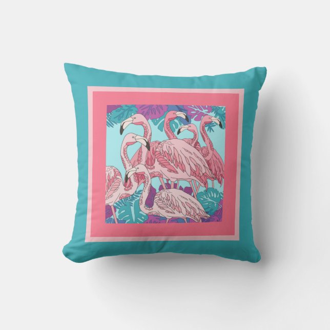 Cute pink flamingos on pink & mint outdoor pillow (Front)
