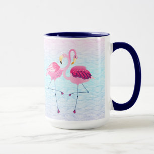 Cute Pink Flamingos On Stylized Beach Water Waves Mug