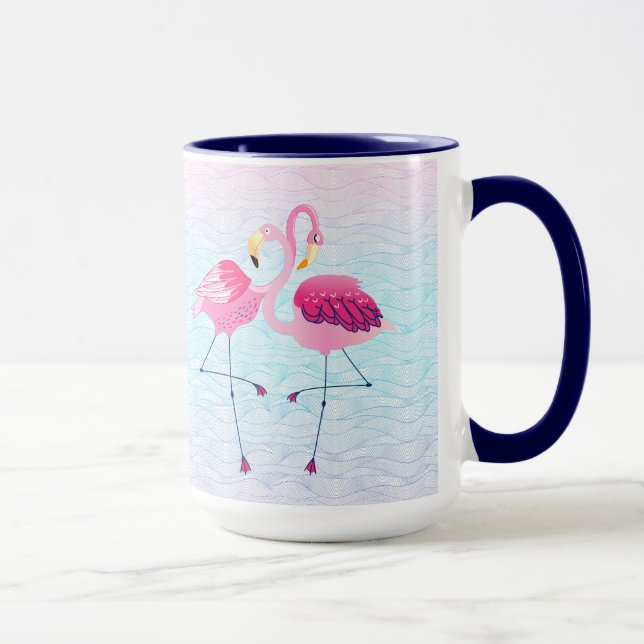 Cute Pink Flamingos On Stylized Beach Water Waves Mug (Right)