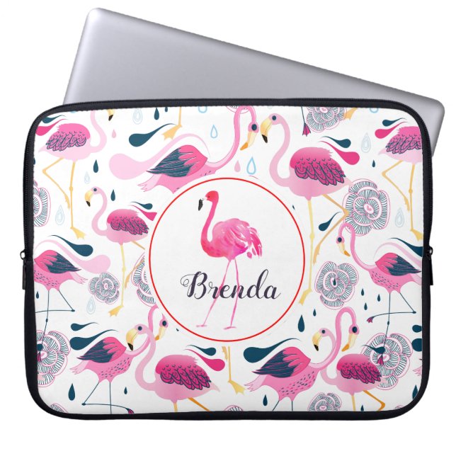 Cute Pink Flamingos Pattern Monogram Laptop Sleeve (Front)