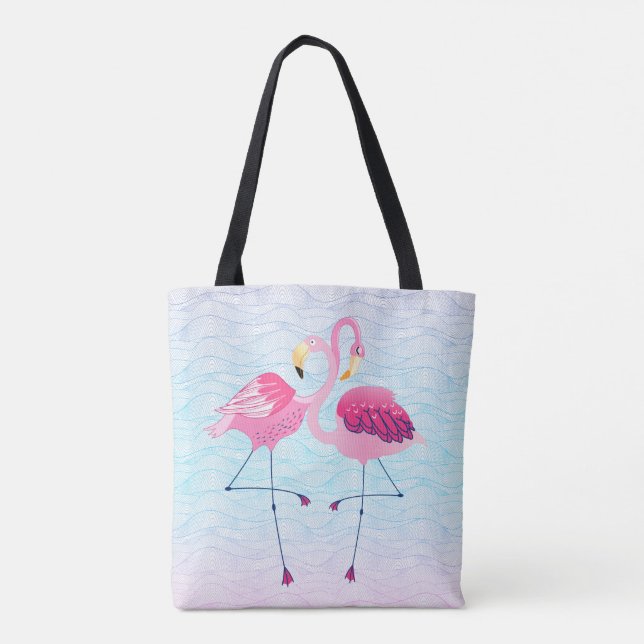 Cute Pink Flamingos Stylized Water Waves Pattern Tote Bag (Back)