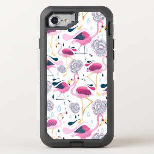 Cute Pink Flamingos & Tropical Flowers Pattern OtterBox Defender iPhone 8/7 Case