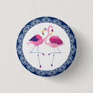 Cute Pink Flamingos With Blue & White lace 1 Inch Round Button