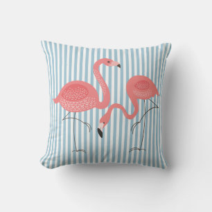 Cute Pink Flamingos With White And Blue Stripes Throw Pillow