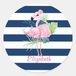 Cute Pink FlamingosTropical Leaf,Striped Classic Round Sticker