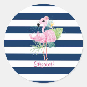 Cute Pink FlamingosTropical Leaf,Striped Classic Round Sticker