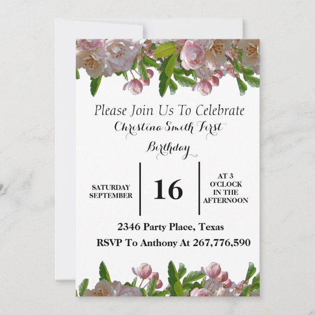  Cute pink  Floral Baby Birthday Party Invitation  (Front)