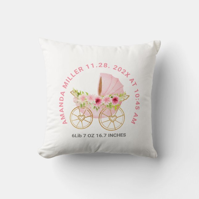 Cute pink floral baby Stroller Baby Birth Date Throw Pillow (Front)