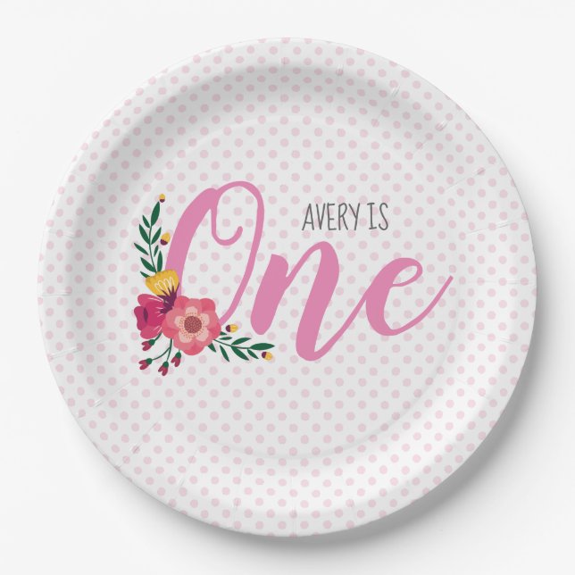 Cute Pink Floral Baby's 1st Birthday Paper Plate (Front)
