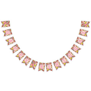 Cute Pink Floral birthday party pattern Bunting Flags