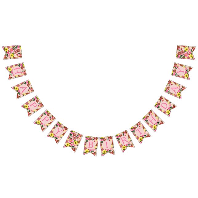 Cute Pink Floral birthday party pattern Bunting Flags (All)