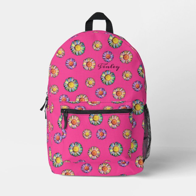  Cute Pink Floral Boho Daisy Pattern Add Name Girl Printed Backpack (Front)
