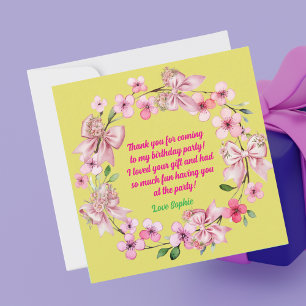 Cute Pink Floral Bow Girl Photo Birthday  Thank You Card