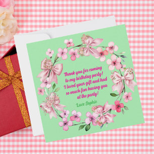 Cute Pink Floral Bow Girl Photo Birthday Thank You Card