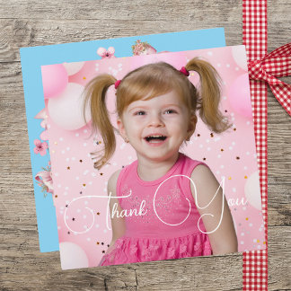 Cute Pink Floral Bow Girl Photo Birthday Thank You Card
