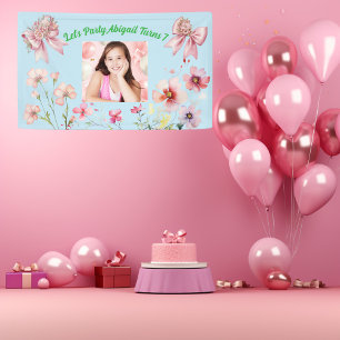 Cute Pink Floral Bow Girly Photo Birthday Banner