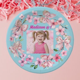 Cute Pink Floral Bow Photo 1st Birthday Party Paper Plate