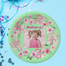Cute Pink Floral Bow Photo 1st Birthday Party