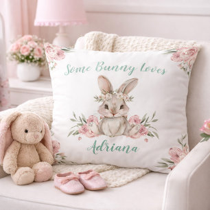 Cute Pink Floral Bunny Baby Girl Nursery Throw Pillow