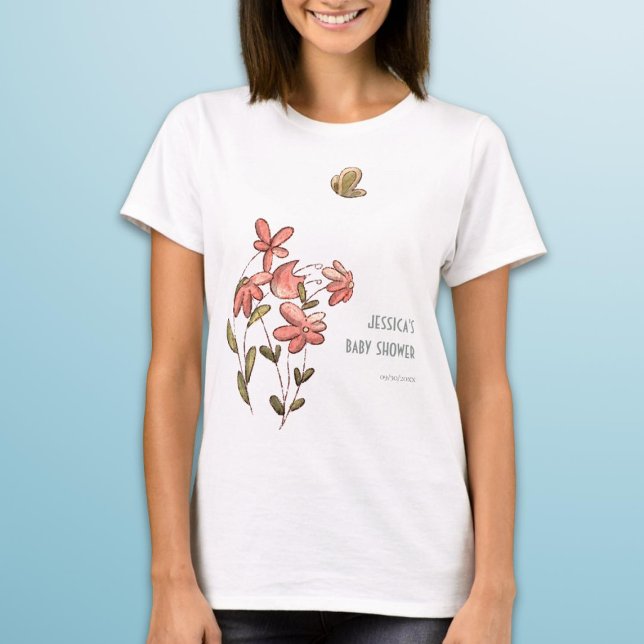 Cute Pink Floral Butterfly Baby Shower  T-Shirt (Creator Uploaded)