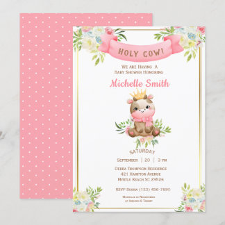 Cute Pink Floral Cow Baby Shower   Invitation