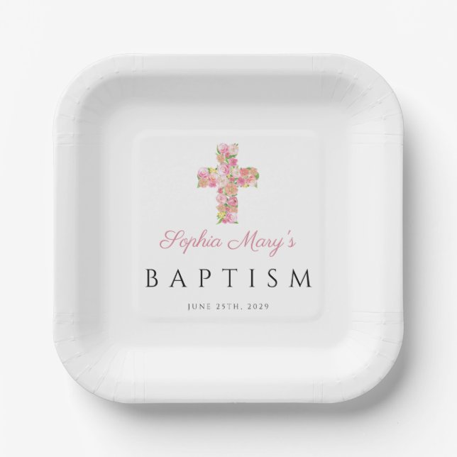 Cute Pink Floral Cross Religious Baptism Paper Plate (Front)
