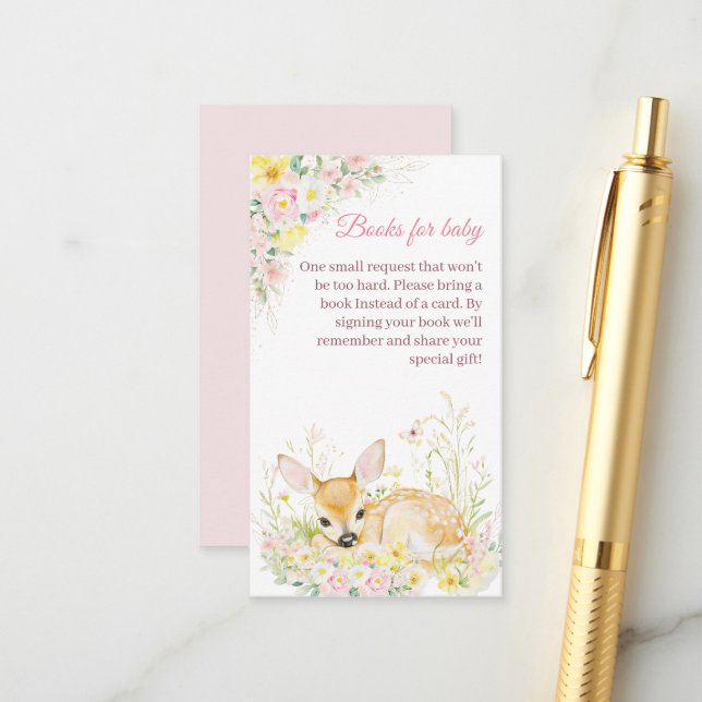 Cute Pink Floral Deer Baby Shower Books For Baby Enclosure Card (Front/Back In Situ)
