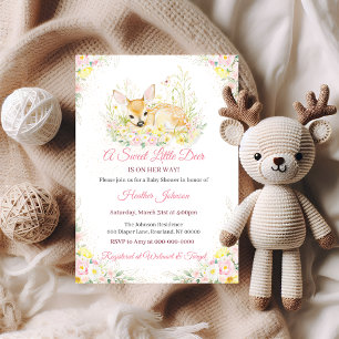 Cute Pink Floral Deer Baby Shower Invitation