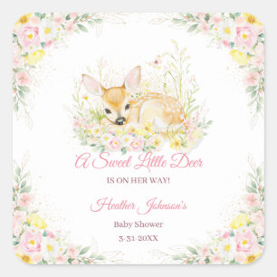 Cute Pink Floral Deer Baby Shower Square Sticker