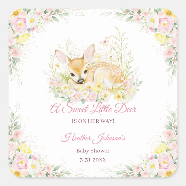 Cute Pink Floral Deer Baby Shower Square Sticker (Front)