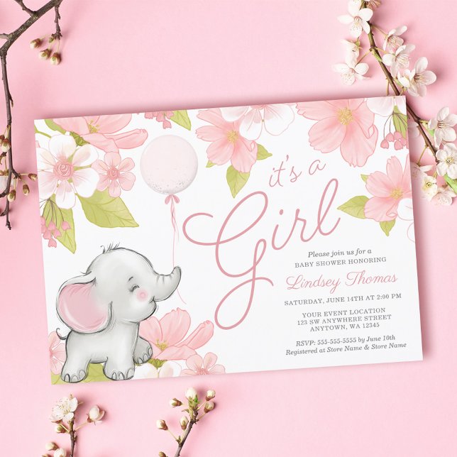 Cute Pink Floral Elephant Girl Baby Shower Invitation (Creator Uploaded)
