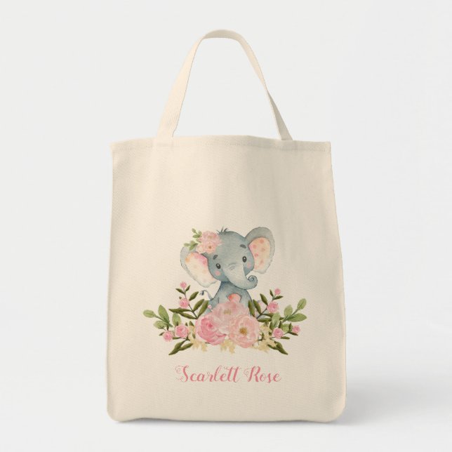 Cute Pink Floral Elephant Tote Bag Personalized (Front)