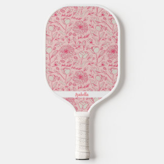 Cute Pink Floral Flowers Custom Name Pickleball Paddle