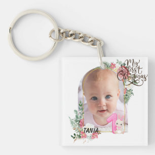 Cute pink Floral Frame Baby girl First christmas Keychain