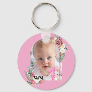 Cute Pink Floral Frame Baby girl First christmas Keychain