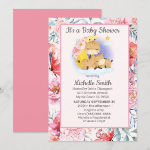 Cute Pink Floral Giraffe Mom Baby Shower   Invitation