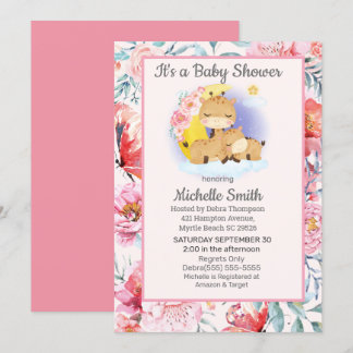 Cute Pink Floral Giraffe Mom Baby Shower   Invitation
