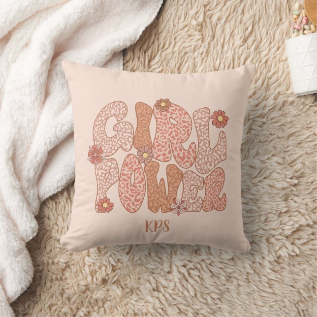 Cute Pink Floral Girl Power Monogram Initial Throw Pillow (Blanket)