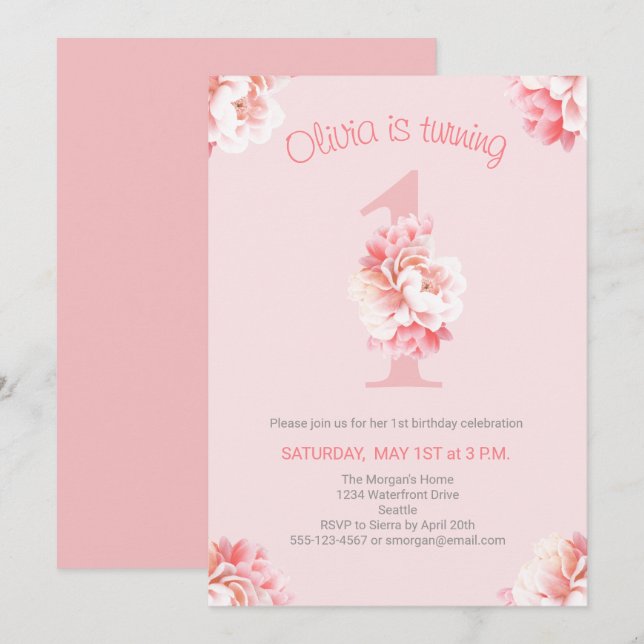 Cute Pink Floral Girl's First Birthday Party Invitation (Front/Back)