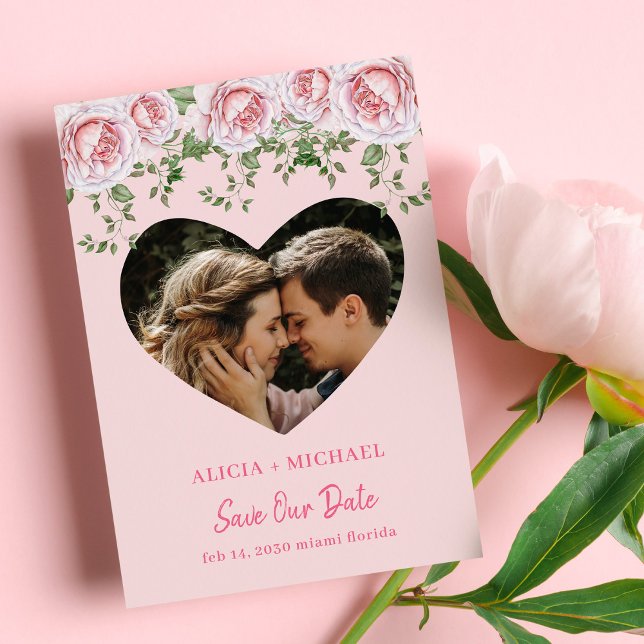 Cute pink floral heart photo wedding save the date (Creator Uploaded)