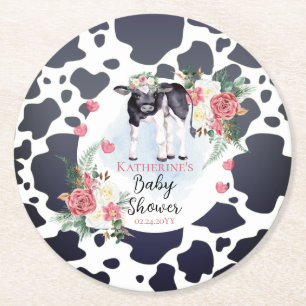 Cute Pink Floral Holy Cow Girl Baby Shower Round Paper Coaster