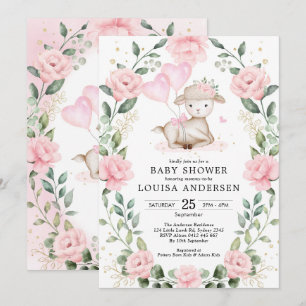 Cute Pink Floral Lamb Balloons Girl Baby Shower Invitation
